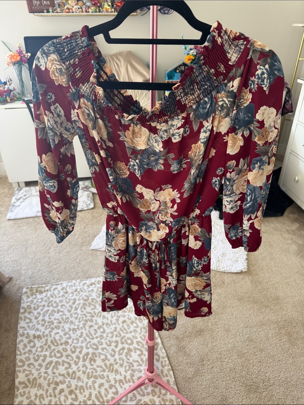 J.O.A. Burgundy Floral Off-Shoulder Romper